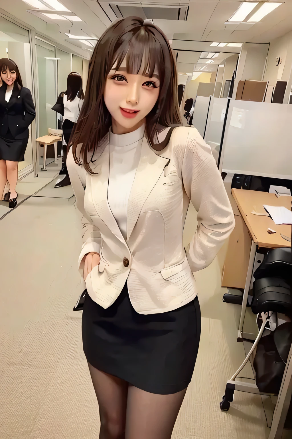 (Highest quality, masterpiece:1.5), (Very detailed, Realistic:1.37),4K,(4:1.5),Japanese,cute,beautiful,(Office Suits:1.3),(Tight Skirt),(Black Pantyhose:1.2),smile,