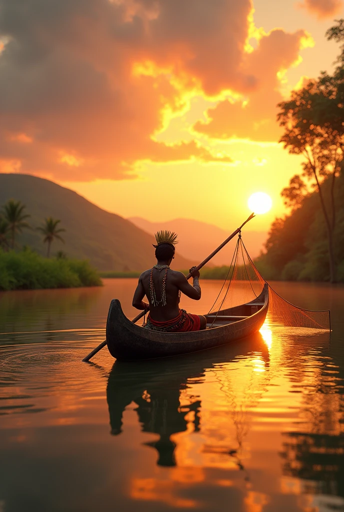 Colombian indigenous person fishing with a net from a canoe at sunset