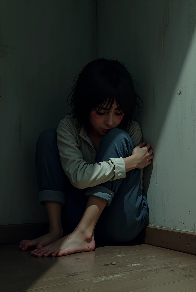 A ager crying in the corner of the room with some injuries