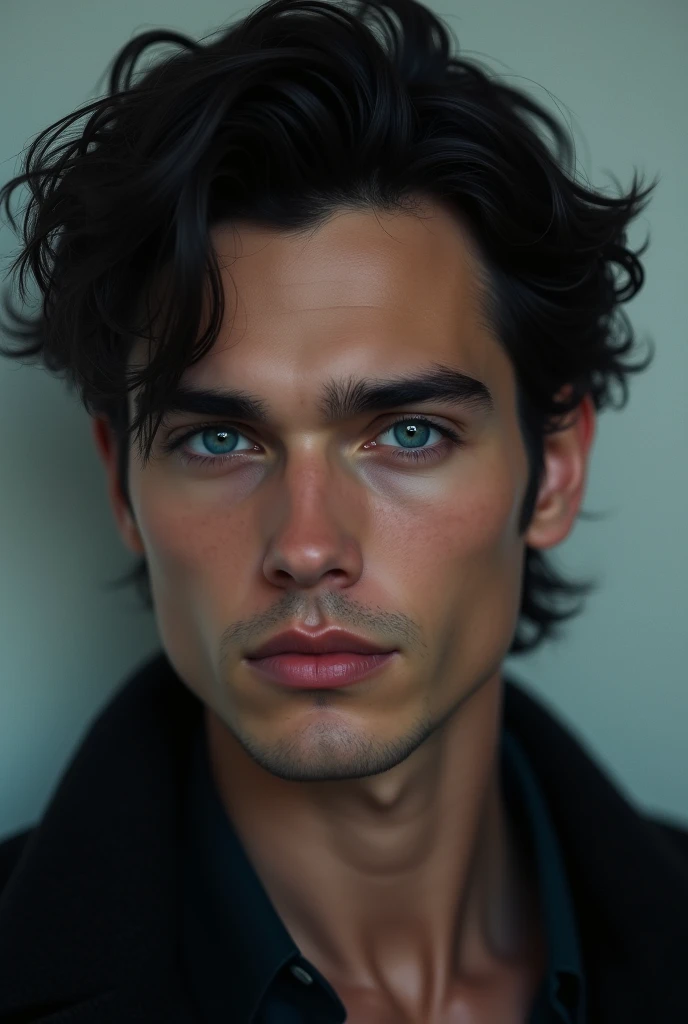 Black haired man, dark blue eyes, with a sexy and intimidating appearance that looks like actor Henry Cavill young