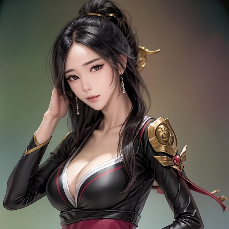 ((Highest quality)), ((masterpiece)), Simple Background,(Very intricate details), 1 person,Woman close up,20-year-old,ponytail,Long Hair,((logic)),Bikini Armor,Zippered top with an open chest,Pleated skirt,European,Cleavage,Ample breasts,(((Big Breasts))),Fantasy,anime,Simple Background,Gauntlet,Waist Armor,Warrior