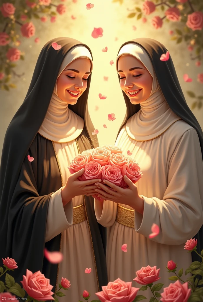 Write 5 detailed prompts (no more than 50 words) composed according to the rules - describing any topic, subject, action. Neural network: Santa Terezinha do menino Jesus e Santa rosa de lima juntas, ambas muito belas e castas com seus hábitos e sorrindo, com as mãos abertas deixando cair muitas rosas. Query topic: Santa Terezinha do Jesus e Santa rosa de lima juntas, ambas muito belas e castas com seus hábitos e sorrindo, com as mãos abertas deixando cair muitas rosas.
Santa Terezinha and Santa Rosa: Illustrate Santa Terezinha do Menino Jesus and Santa Rosa de Lima, both radiant and pure in their traditional habits, smiling joyfully. Their hands are open, releasing a cascade of vibrant roses, symbolizing grace and devotion.
Divine Harmony: Depict Santa Terezinha and Santa Rosa standing side by side, adorned in their beautiful religious garments. They share a serene smile, and as they extend their hands, a shower of delicate roses falls around them, representing love and purity.
Celestial Connection: Create a scene showing Santa Terezinha and Santa Rosa, exuding beauty and chastity. Their warm smiles light up the surroundings as they let roses gently fall from their hands, conveying a message of hope and compassion.
Joyful Saints: Visualize Santa Terezinha do Jesus and Santa Rosa de Lima, both stunning in their habits. They are smiling brightly with hands raised, letting a multitude of roses descend, symbolizing their shared virtues and divine grace.
Roses of Faith: Illustrate the serene moment of Santa Terezinha and Santa Rosa, both ethereal and virtuous in their attire. Their joyful expressions are complemented by an enchanting shower of roses cascading from their open palms, embodying the essence of faith and love.