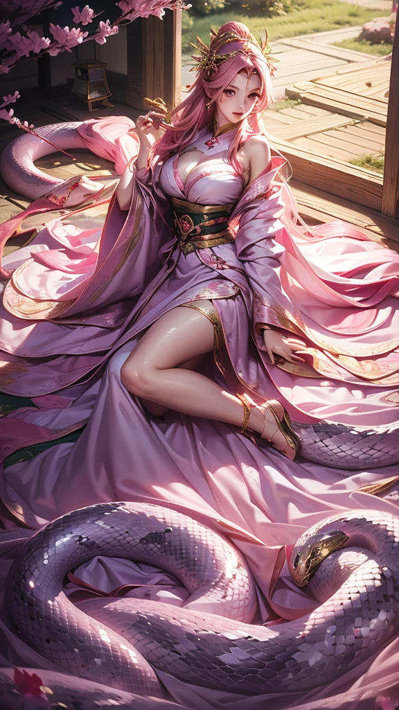 beauty,Enchanting Japanese Snake Girl,charming eyes,blush,Pink long hair flowing,Big breasts,Semi-naked clothing,From the waist down, transformed into a snake body,Crawling on a luxurious and aesthetically pleasing European gauze bed,Outlook,