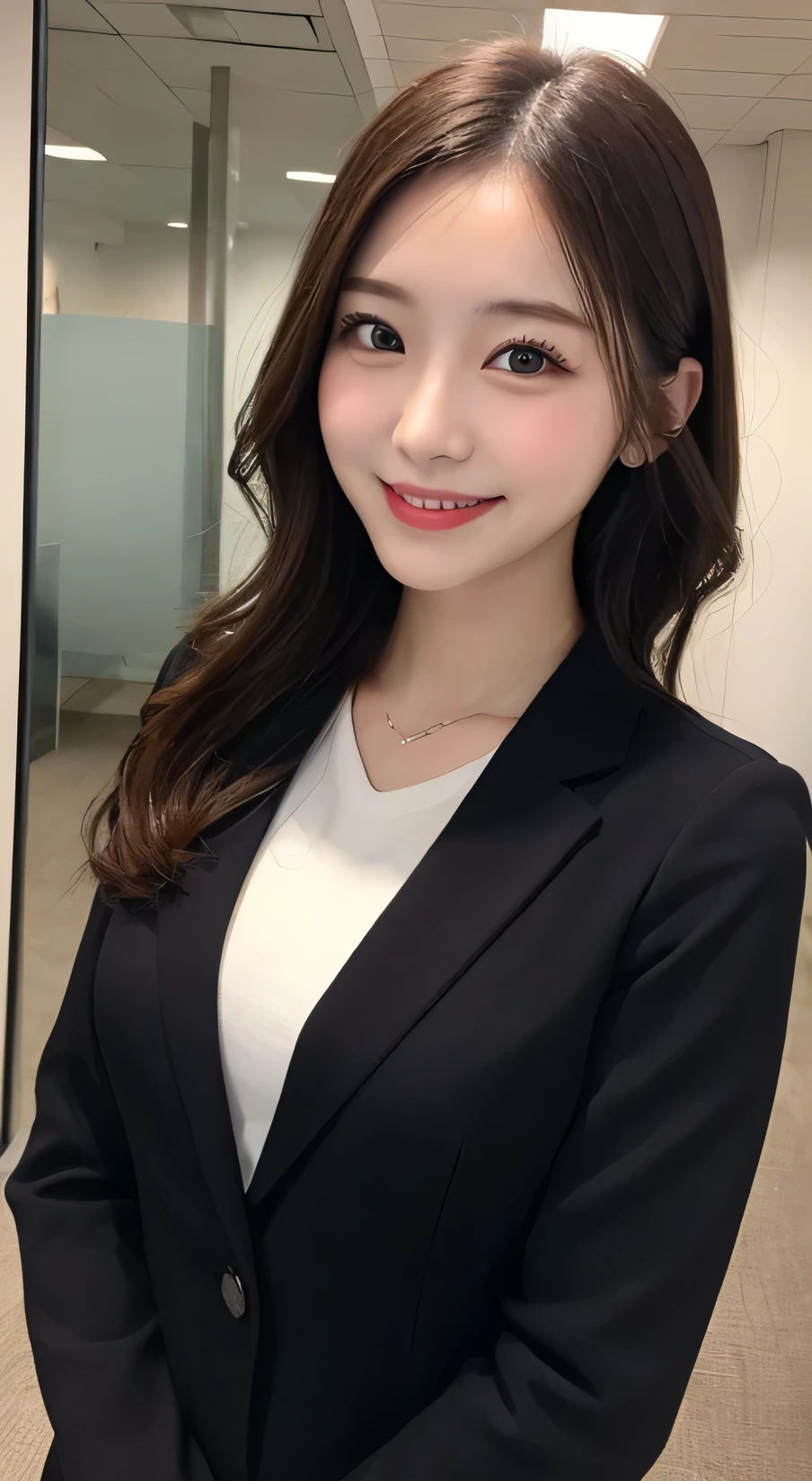 Highest quality, figure, Very detailed, In detail, High resolution, smile、Beautiful girl、Casual business suit、Large Breasts、The chest was wide open、Office Background
