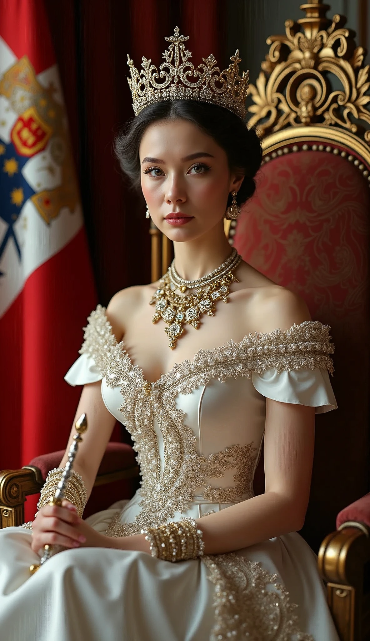 The young and beautiful Archduke of Liechtenstein。Beautiful woman。whole body。Sit on a throne、Wearing the crown、Holding a scepter and a jewel。Liechtenstein Flag Background