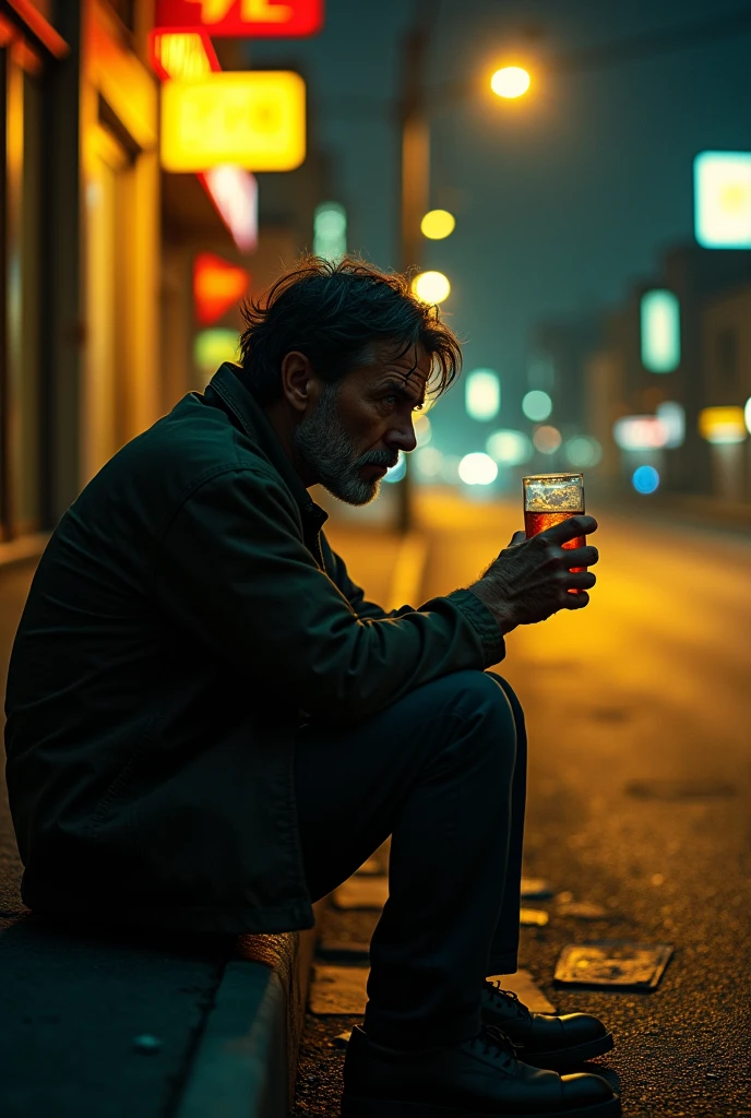 male drink and crying hard in road side night time yellow neon light