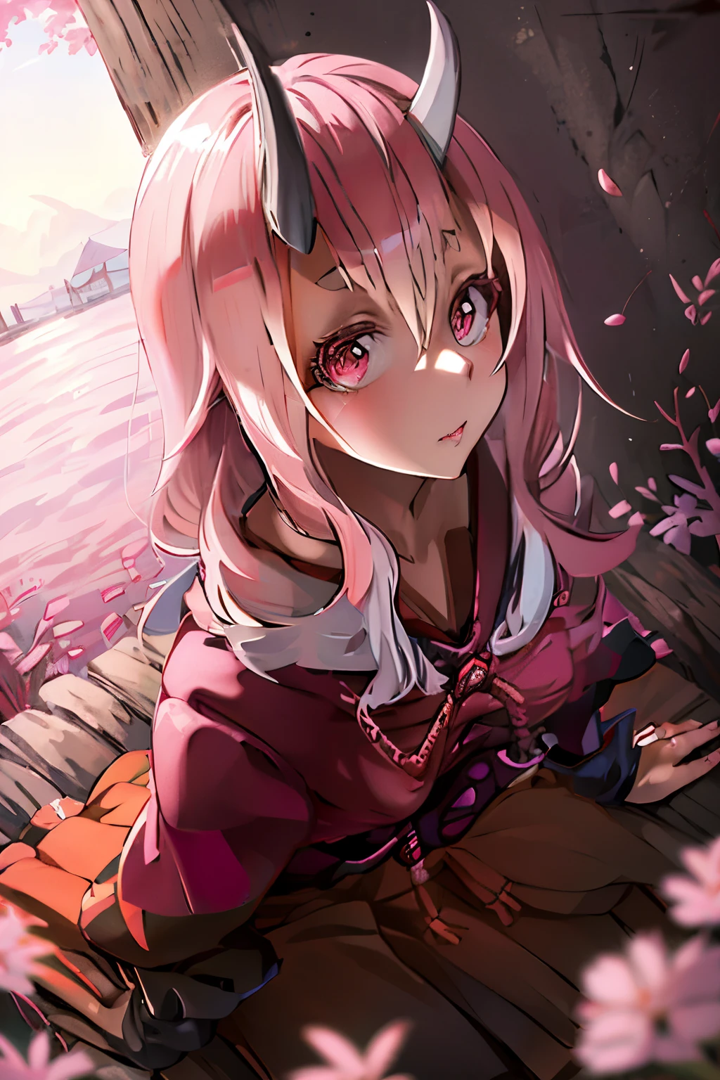 Shuna (tensura), One person, alone, Long Hair, Pink Hair, Demon Horns, Hair between the eyes, kimono, In the same way, Fantasy Town Temple