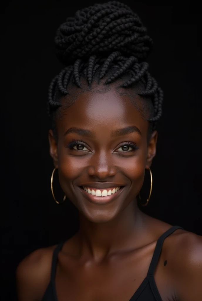 Dark african woman, gorgeous smile, tall, big nose, black acne spots, braided hair, no big cheek bones, chubby , dark, big nose, black skin