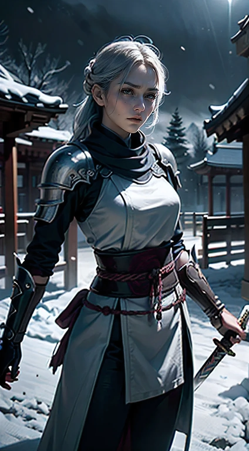 A female swordsman, 28 years old, Japanese sword, stance, moonlight, snow, chaos, (masterpiece, best quality, extremely detailed CG Unity 8K wallpaper, highest quality, best illustration, best shadows), (photorealistic, photo-realistic:1.37), (realistic:1.2), dramatic lighting, cinematic, moody atmosphere, intricate details, vivid colors, dynamic pose, intense expression, snowflakes, dark background, magical, mystical, ethereal
