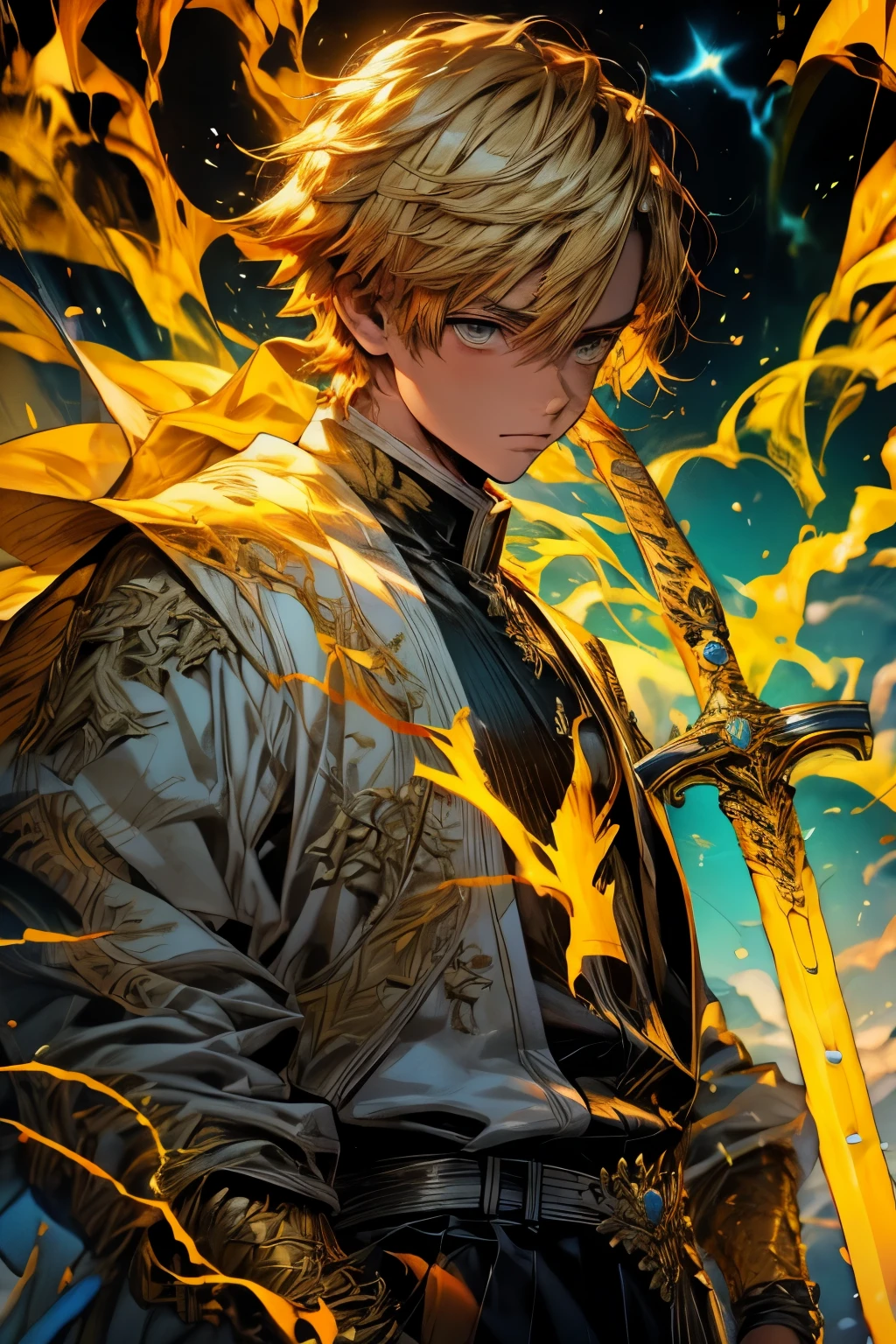 Zenitsu Agatsuma, Characters from the Demon Slayer series, Ready to draw the sword, There was intense concentration in his eyes., stare ahead with nervous anticipation, Lean forward slightly, Wearing a vibrant electric yellow outfit, Lightning-filled atmosphere,