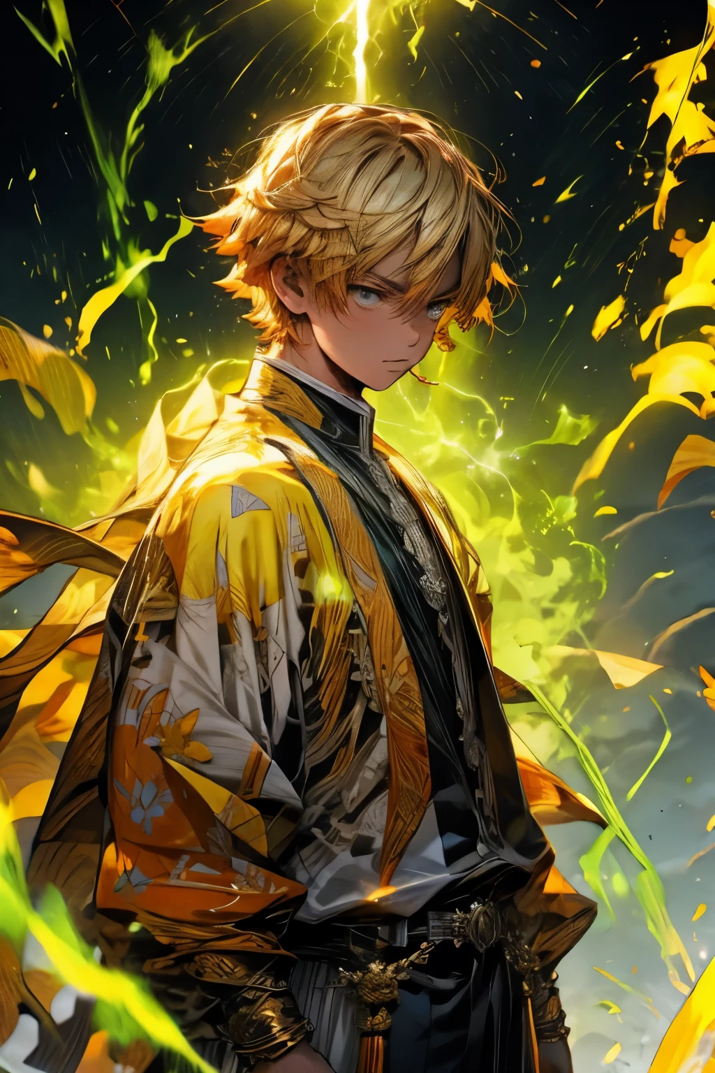 Zenitsu Agatsuma, Characters from the Demon Slayer series, Ready to draw the sword, There was intense concentration in his eyes., stare ahead with nervous anticipation, Lean forward slightly, Wearing a vibrant electric yellow outfit, Lightning-filled atmosphere,