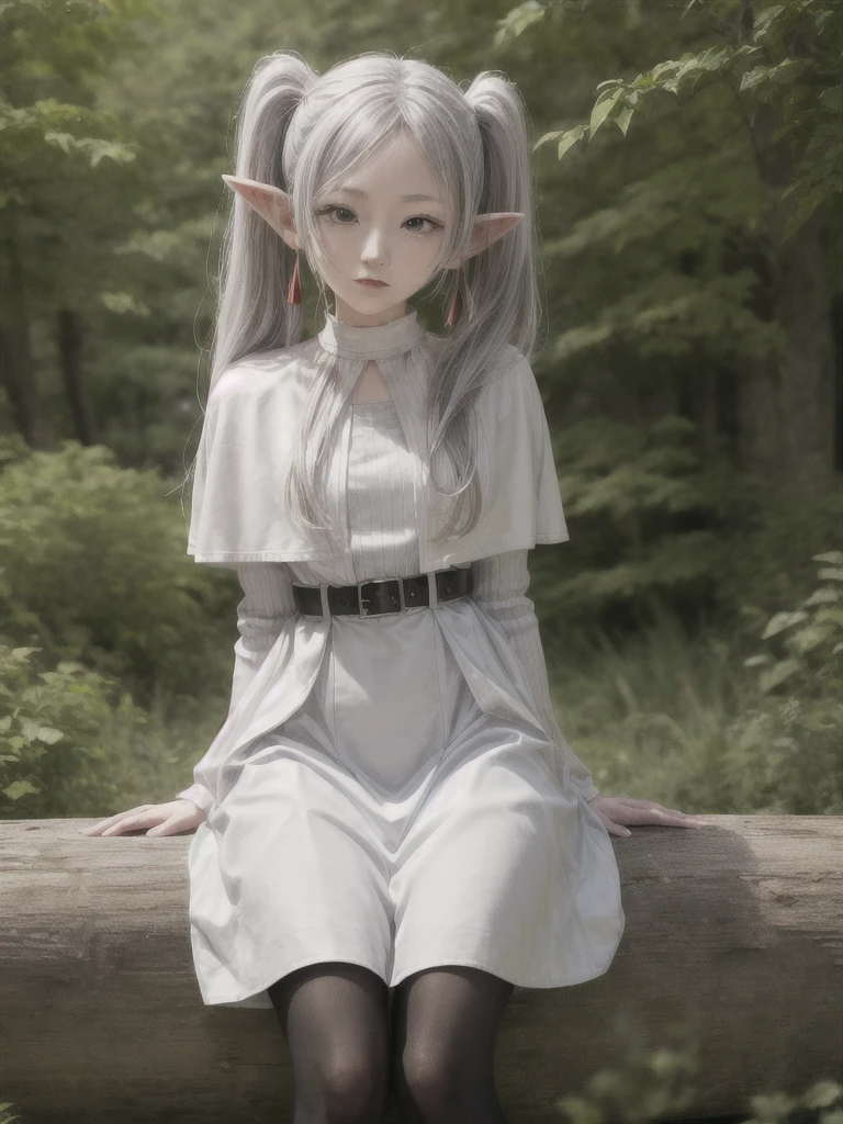 masterpiece, best quality, absurdres, 1girl, solo, FrierenBase, long hair, twintails, earrings, white capelet, striped shirt, horizontal stripes, long sleeves, belt, white skirt, gold-trim, black pantyhose, arms behind back, outdoors, forest,