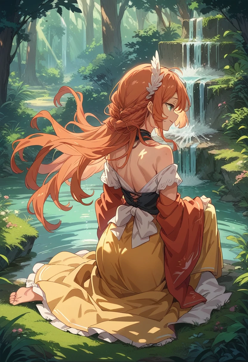 1girl, solo, Sunburned skin, Dress, bare shoulders, Fountain in the forest, sitting with feet in the fountain, He lowers his face and stares at the sparkling water., Sunlight filtering through the trees, He is looking at her from behind, Her supple, stretched back is very lustrous., profile, Smiling,
