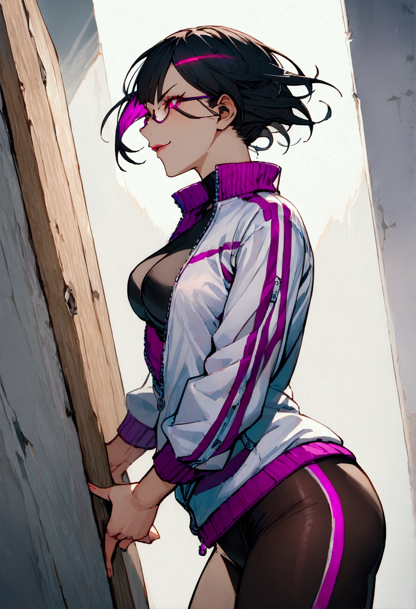standing,alone,leaning against a broken wall,short hair,work of art,face detailed,beautiful young fitness woman with , in a gym wearing May with black pantyhose, white and purple tight short gym jacket. standing alone,red eyes glowing,Evil smile,legging preto ,labiaa,dark eye shadow,shining eyes,a hand leaning against the wall,neckleace,jacket zipper half open,Tight black shirt,white sports tennis shoes,short hair with purple details,beautiful curves,whole body,hair with purple details,labiaa,detailed face and eyes,work of art,sexy look,pefil from sideways,from sideways,wind in your hair,fully body,glasses on eyes
