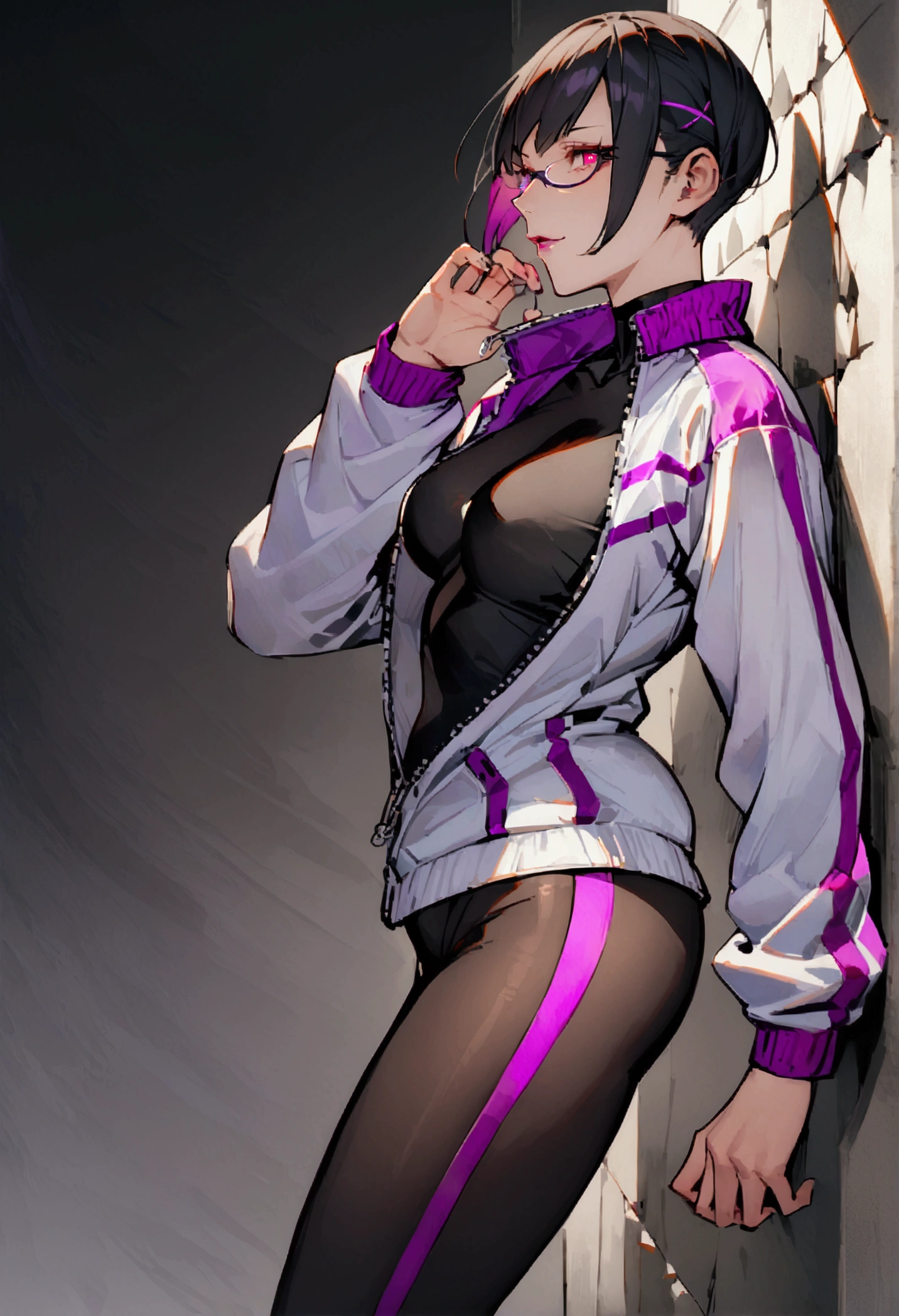 standing,alone,leaning against a broken wall,short hair,work of art,face detailed,beautiful young fitness woman with , in a gym wearing May with black pantyhose, white and purple tight short gym jacket. standing alone,red eyes glowing,Evil smile,legging preto ,labiaa,dark eye shadow,shining eyes,a hand leaning against the wall,neckleace,jacket zipper half open,Tight black shirt,white sports tennis shoes,short hair with purple details,beautiful curves,whole body,hair with purple details,labiaa,detailed face and eyes,work of art,sexy look,pefil from sideways,from sideways,wind in your hair,fully body,glasses on eyes

