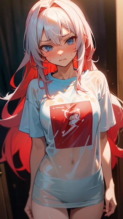 (Alisa Mikhailovna Kujou), anime, hentai, parody, counterfeit, blue eyes, white hair, long hair, red hair ornament, t-shirt, wet, blushing, serious face, (see through clothes), masterpiece