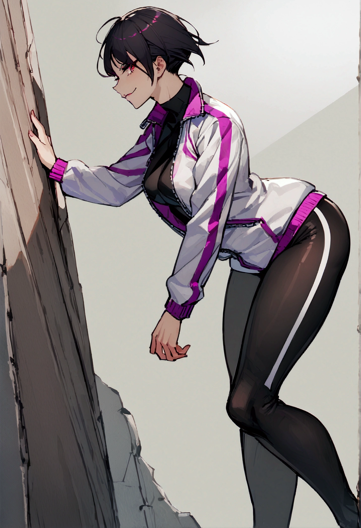 standing,alone,leaning against a broken wall,short hair,work of art,face detailed,beautiful young fitness woman with , in a gym wearing May with black pantyhose, white and purple tight short gym jacket. standing alone,red eyes glowing,Evil smile,legging preto ,labiaa,dark eye shadow,shining eyes,a hand leaning against the wall,neckleace,jacket zipper half open,Tight black shirt,white sports tennis shoes,short hair with purple details,beautiful curves,whole body,hair with purple details,labiaa,detailed face and eyes,work of art,sexy look,pefil from sideways,from sideways,wind in your hair,fully body,glasses on eyes