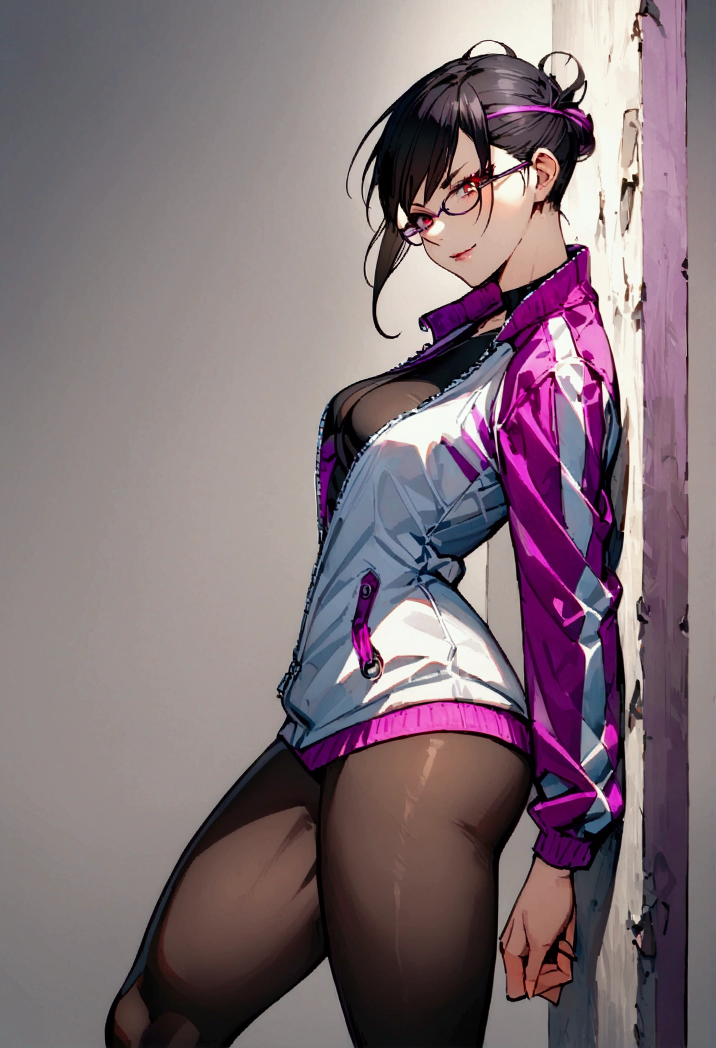 standing,alone,leaning against a broken wall,short hair,work of art,face detailed,beautiful young fitness woman with , in a gym wearing May with black pantyhose, white and purple tight short gym jacket. standing alone,red eyes glowing,Evil smile,legging preto ,labiaa,dark eye shadow,shining eyes,a hand leaning against the wall,neckleace,jacket zipper half open,Tight black shirt,white sports tennis shoes,short hair with purple details,beautiful curves,whole body,hair with purple details,labiaa,detailed face and eyes,work of art,sexy look,pefil from sideways,from sideways,wind in your hair,fully body,glasses on eyes