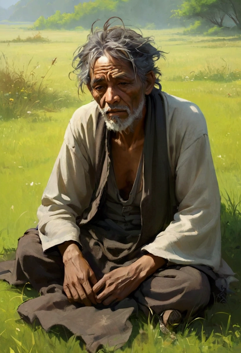 The face remains unchanged, the clothes are modified, the tattered beggar, the tattered, tattered clothes, lying on the grass