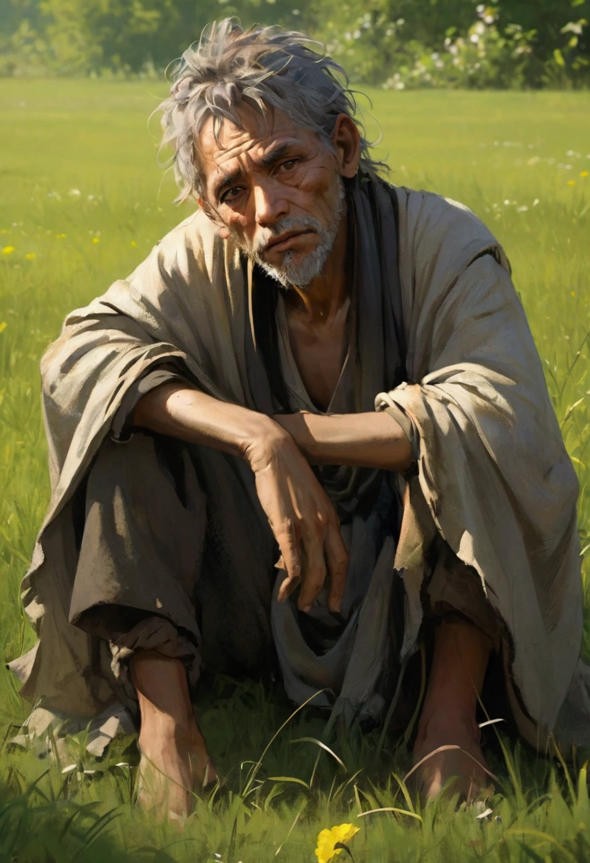 The face remains unchanged, the clothes are modified, the tattered beggar, the tattered, tattered clothes, lying on the grass