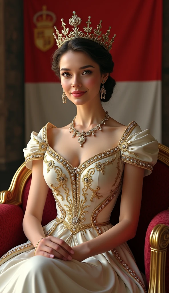 award-winning professional and realistic photo of the Empress of Europe, genetic perfection, flawless European beauty, European propaganda, European iconography, elegant regal outfit, gloves, striking features, authoritarian, beautiful European landscape in background, diamond choker, full-body photo, detailed textures, sharp focus, ultra-high pixel detail, 16k RAW footage, masterpiece