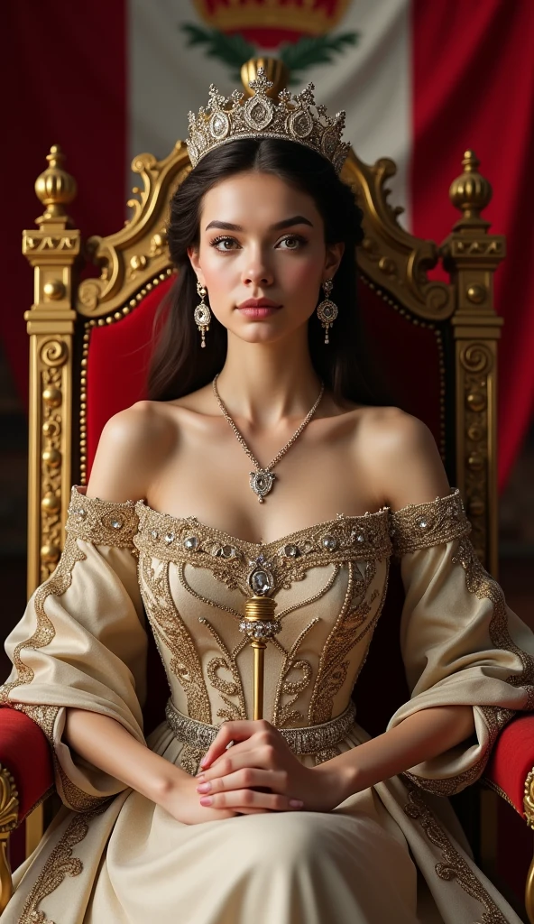 Young and beautiful Duke of Monaco。Beautiful woman。whole body。Sit on a throne、Wearing the crown、Holding a scepter and a jewel。Monaco flag in the background