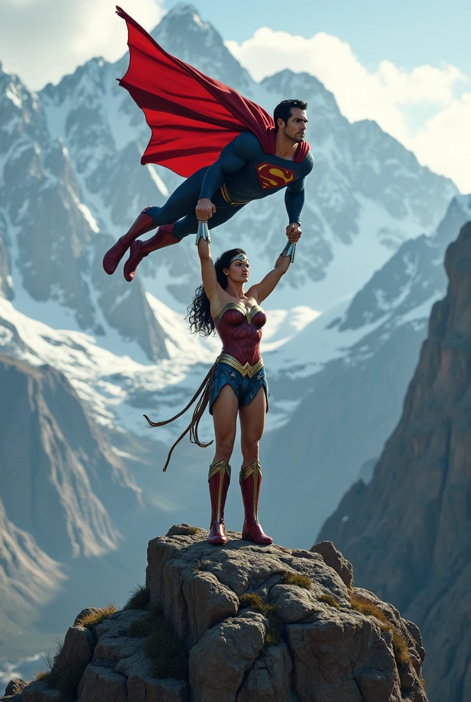 Wonder Woman lifting Superman high over her head with her strong arms. She is standing on a cliff with tall Mountains in the background. 