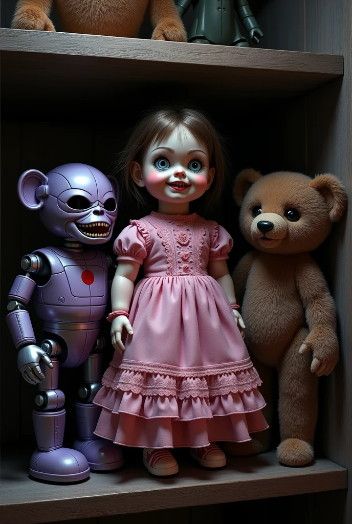 (( goosebumps book art )) a doll with a pink dress with an evil smile along with a purple toy robot and a malevolent teddy bear. On a shelf