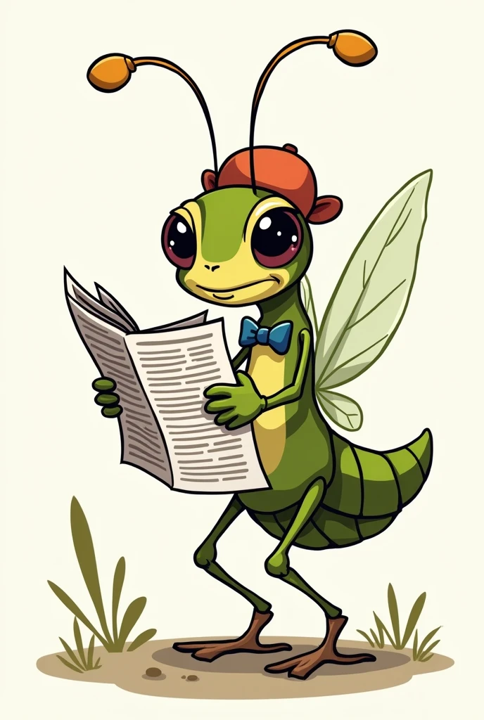 Draw a cricket with a newspaper in cartoon style
