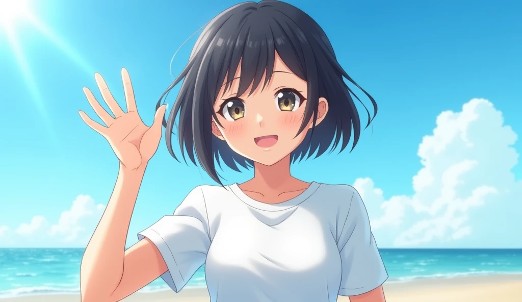 ((Top quality)), ((Masterpiece)), (Detail), Perfect face, Japanese woman, age girl, Immaculate, White T-shirt, blue shorts, short black hair, big breasts, one hand raised dazzlingly, bright smile, blue summer sky, strong sunlight, sandy beach, depth of subject, sharply in focus, Aspect ratio 16:9, realistic live action, not illustrative style, photograph.