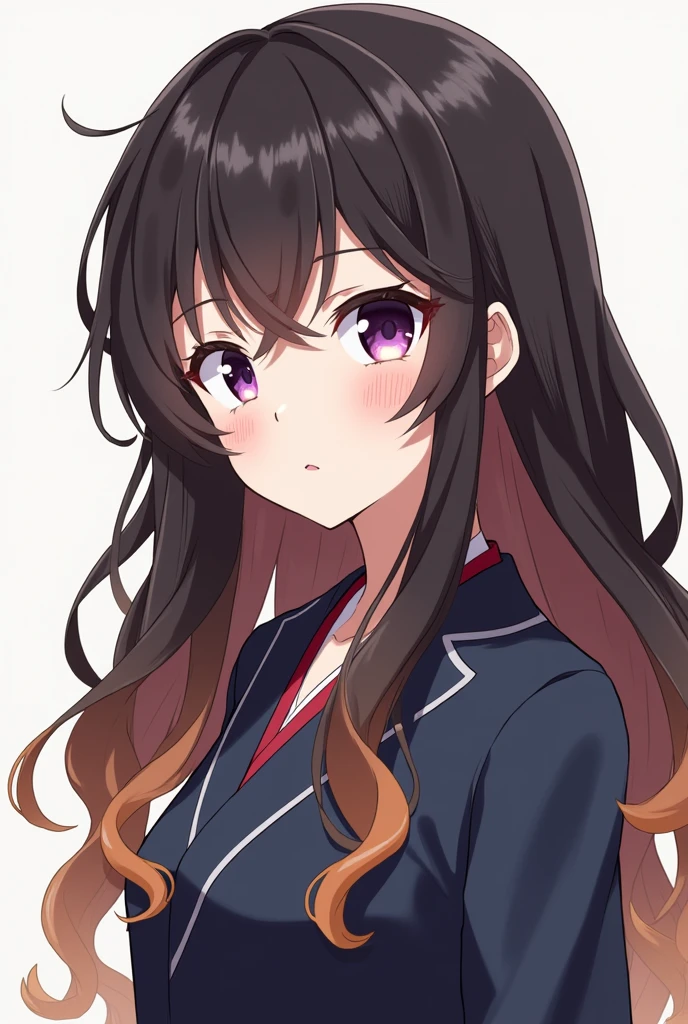 Generate a female anime character wearing Japanese uniform with a little curly  brown and black long hairs and deep voilrt eye colour ( full head and half body)