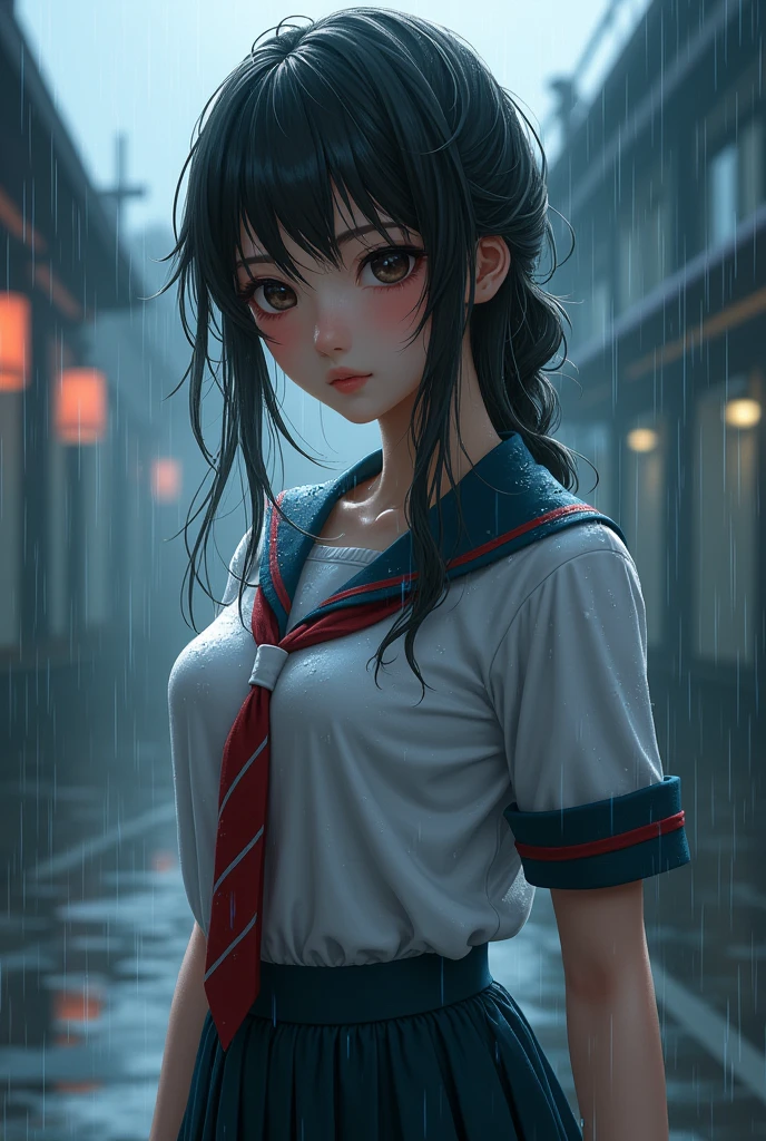 High School Uniform、Open chest、Japanese Beautiful Girl、Perfect Face、Big Breasts、Getting caught in the rain、Soaking wet
