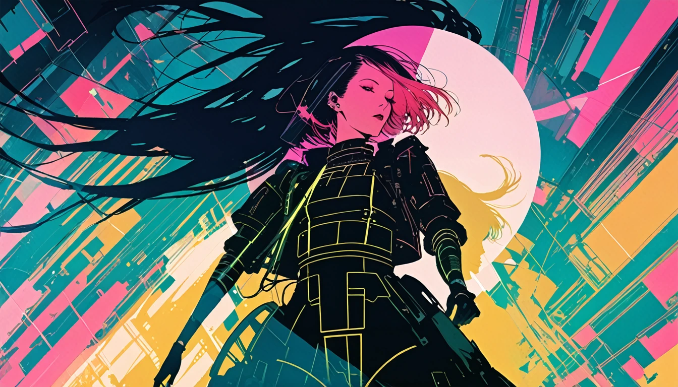 cyber punk,Female punk singer, lofi ,Run,Harry Clarke style,(Ashley Wood Style:1.4), (Double exposure:1.4),1. Projection of a giant girl&#39;s silhouette and a creepy battle city,Thrilling footage released,cyber punk ヴェイパーウェイヴ,Holographic Projection,(Pause，Dynamic Action:1.8)