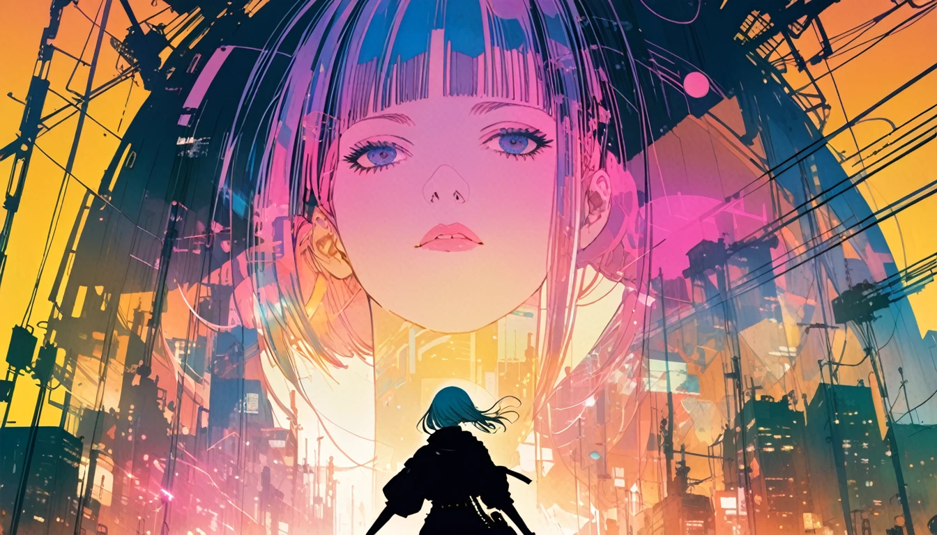 cyber punk,Female punk singer, lofi ,Run,Harry Clarke style,(Ashley Wood Style:1.4), (Double exposure:1.4),1. Projection of a giant girl's silhouette and a creepy battle city,Thrilling footage released,cyber punk ヴェイパーウェイヴ,Holographic Projection,(Pause,Dynamic Action:1.8)