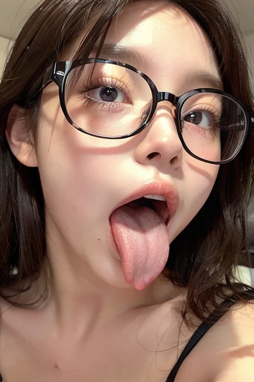 woman, beautiful girl, 、 Baby Face, Realistic skin of the highest quality, Eyes are focused, 20-year-old, Sticking out tongue, Focus on the mouth, Open your mouth, Long Tongue, saliva, Open your mouth , You can see inside the mouth, Open your mouth Sticking out tongue, Realistic tongue、Provocative eyes、look up、attractive、Wearing glasses