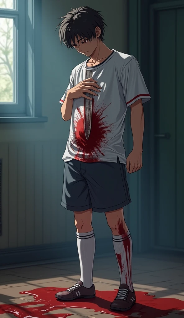 a handsome 19 year old anime boy, wearing bloody white shirt, short pants and soccer socks, a stab wound on his right stomach, painful expression, cold sweat, fainting, chased by someone, heavily bleeding wound, holding wound with hand, bloody hand, tip blood on floor, (best quality,4k,8k,highres,masterpiece:1.2),ultra-detailed,(realistic,photorealistic,photo-realistic:1.37),dramatic lighting,cinematic,hyper-realistic,intricate details,vivid colors,award winning photography,chiaroscuro,dramatic shadows