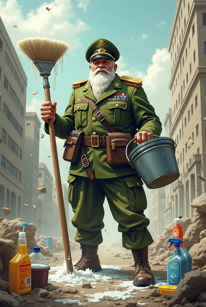 Military general defending himself with cleaning products in a war against dirt 