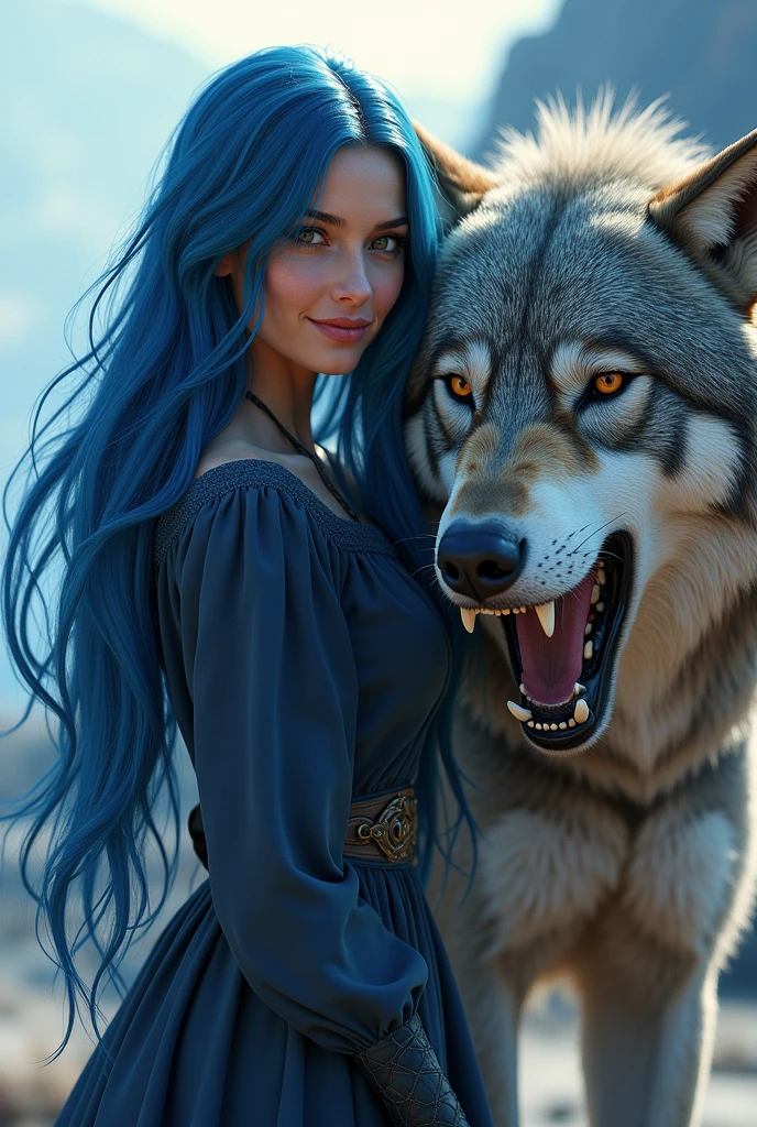 
prompt: create an 8k, hyper realistic, airbrush glossy gta v cinematic poster style image of a beautiful girl with a soft sexy smile with blue long hair  beside a large, snarling wolf with intricate