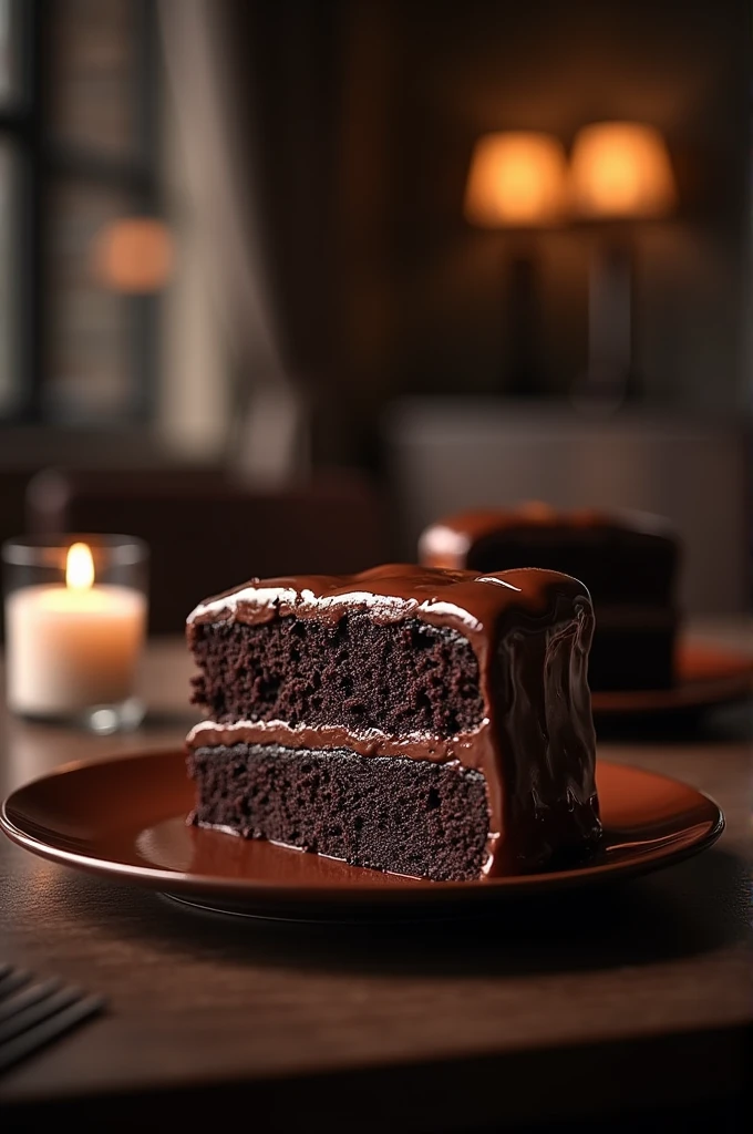 Chocolate cinematic movie scene, bolo de chocolate, darkness background, quality photo, Wet texture, penthouse, studio photo, slice. shallow depth of field, vignettes, highly detailed, high budget, bokeh, cinemascope, temperamental, epic, comely, film grain, grainy.