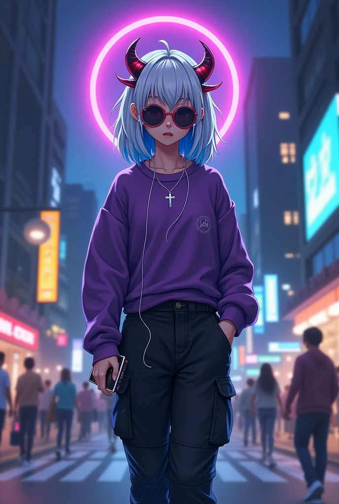 demon girl, rainbow colored halo,white and blue hair ,silver cross necklace,Sunglasses, purple sweatshirt, black cargo pants,WHITE TENNIS, earphones, holding her cell phone, walking through a big city at night