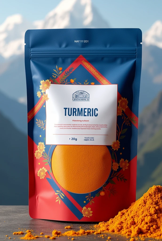 Design turmeric packaging using color theme of nepali flag i.e blue red and white