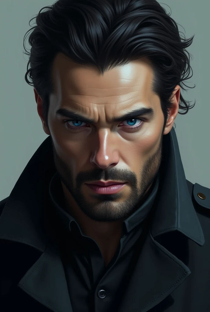 Black haired man, dark blue eyes, with a sexy and intimidating appearance, with a beard