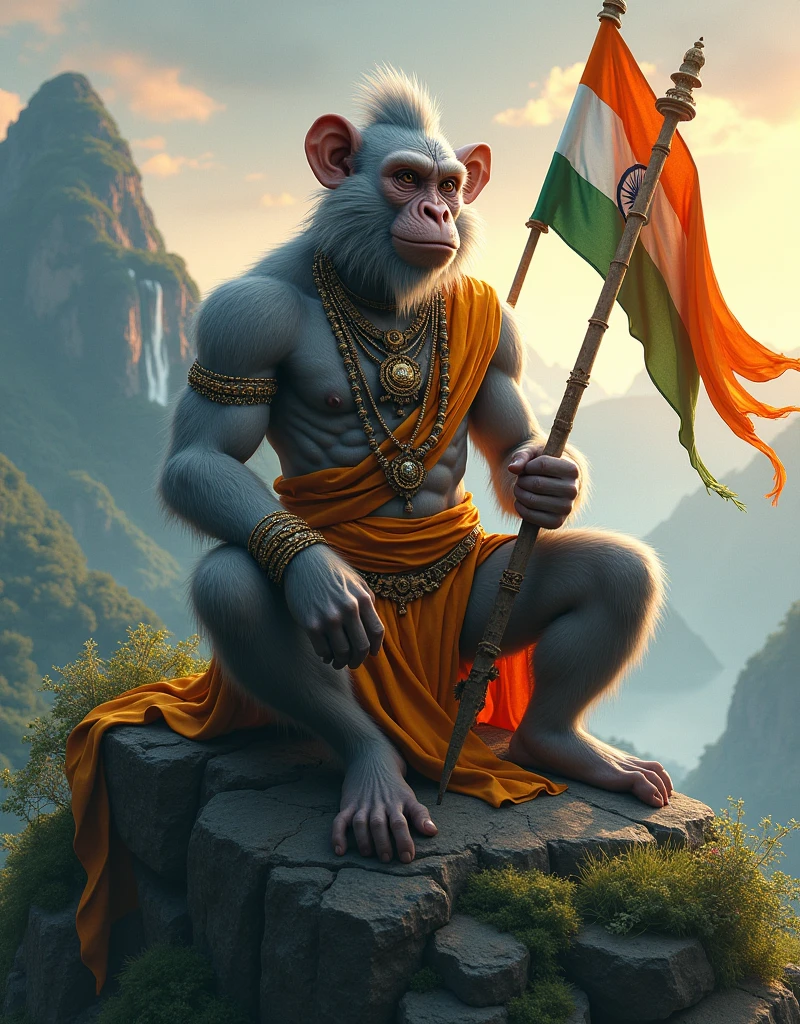 Create a highly detailed image of a powerful, divine monkey warrior resembling Hanuman, sitting proudly on a rocky hilltop amidst a lush, green landscape. The character should have a muscular, anthropomorphic body covered in gray fur, wearing traditional Indian jewelry and a saffron cloth around the waist. He holds an Indian flag, with its colors vivid and flowing in the wind. His face should show a calm yet fierce expression, with sacred markings on the forehead. The background should feature mist-covered mountains and waterfalls under a sky transitioning from dusk to dawn, creating an epic and mythical atmosphere.