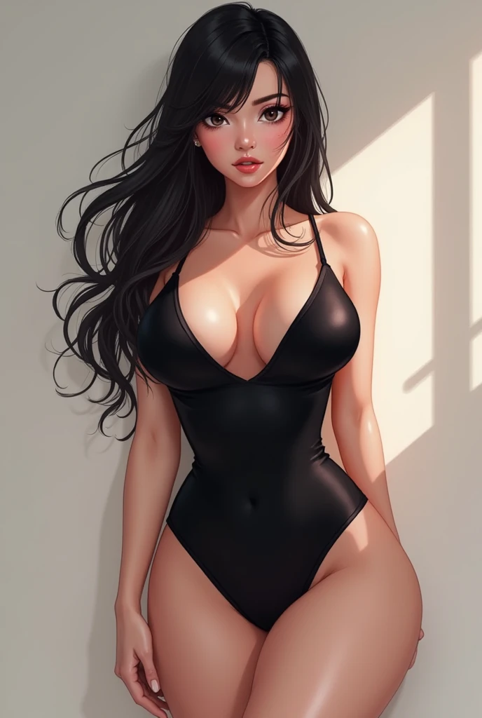 Asian girl, From behind looking at viewer, huge ass, cold stare, sexy, huge breasts,score_9, score_8_up, score_7_up, 1girl, source_anime, haughty, low angle view, muscled thighs, sexy thigh dress, shiny skin, wet, sideboobs, black dress, front view, hard nipples, wet pussy