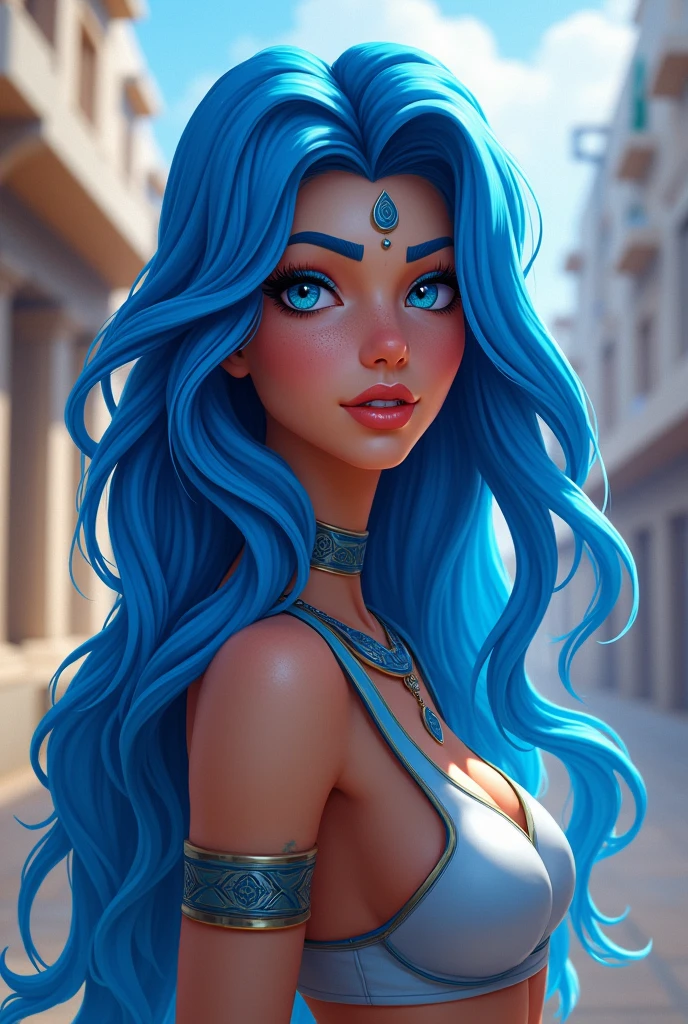 young beautiufl egirl, blue long modern hair, blue eyes, egyptian heritage, in fortnite style