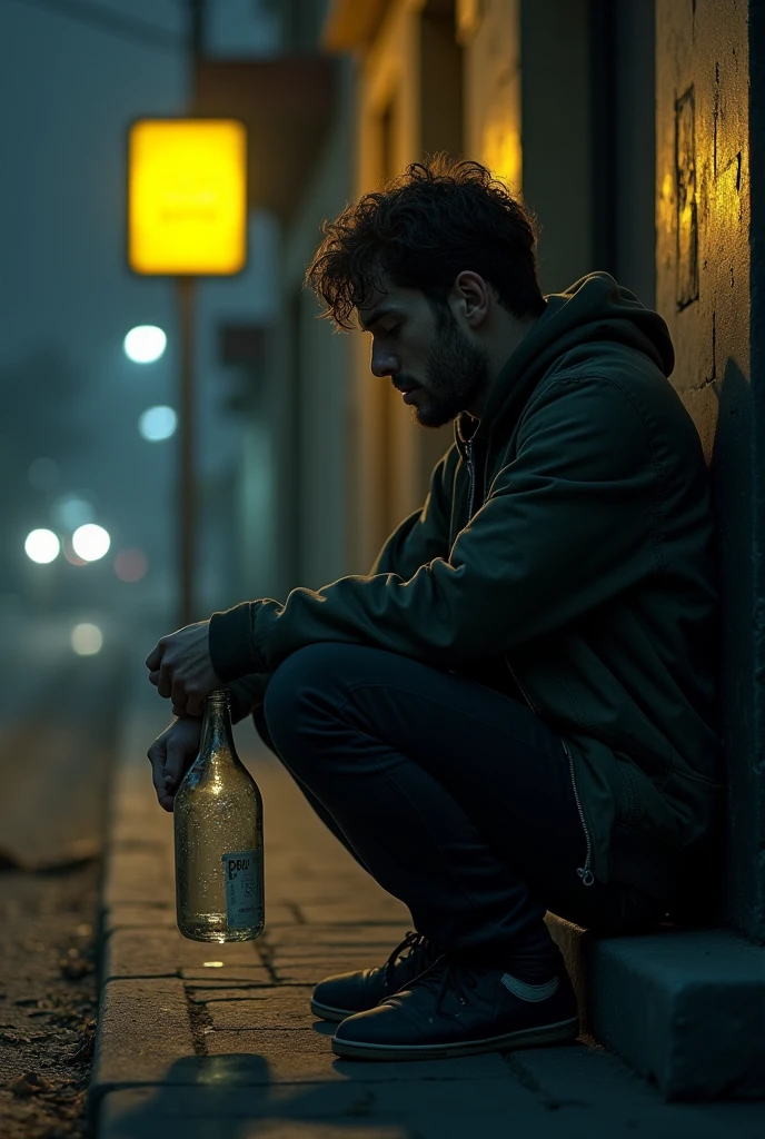 28 years old male drink and crying hard in road side night time yellow neon light