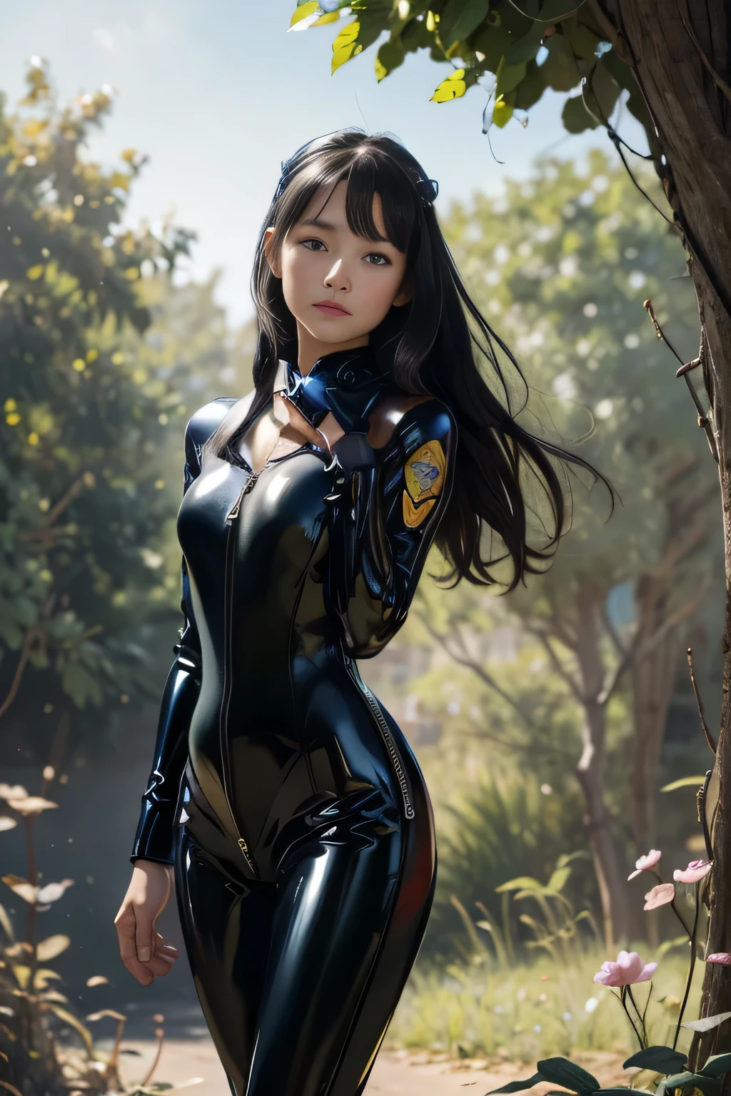 Children's book illustration, hyperdetailed airbrush by pino daeni, Macro photography of a very cute, very gorgeous and charming girl with expressive eyes, perfect face, standing, cute, A shape (((Black Latex Catsuit open zip))), metallic reflections, legs apart, outside sunny morning, sunshine, morning , conceptual art, pastel by Arthur Rackham on silk, strybk, james jean, Brian Froud, Miho Hirano, Neimy Kanani, Aykut Aydo du, ultra high quality model, perfect eyes, white-blue eyes, Rembrandt lighting style, hand negative