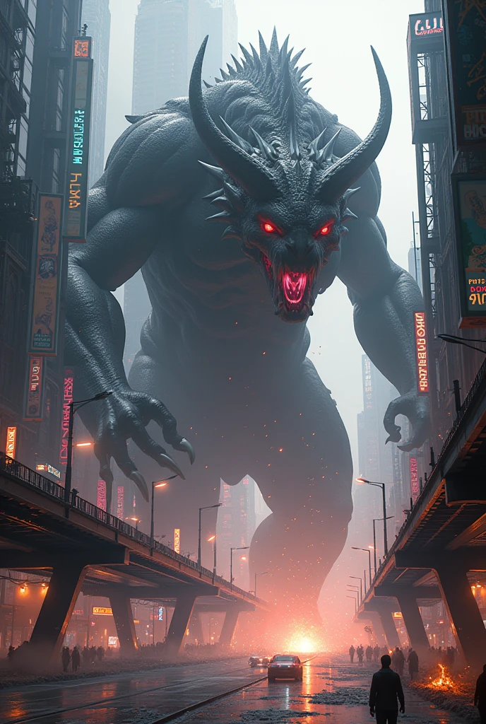 Mythical creature in a cyberpunk city destroying it