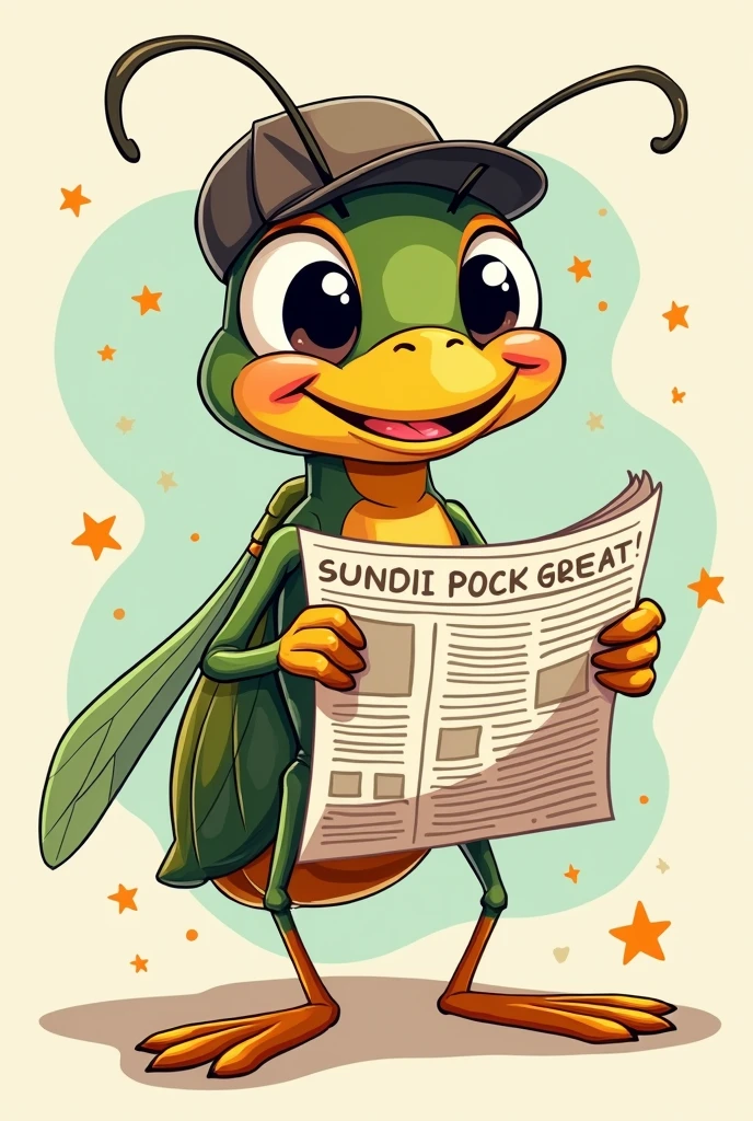 Draw a cricket with a newspaper in cartoon style