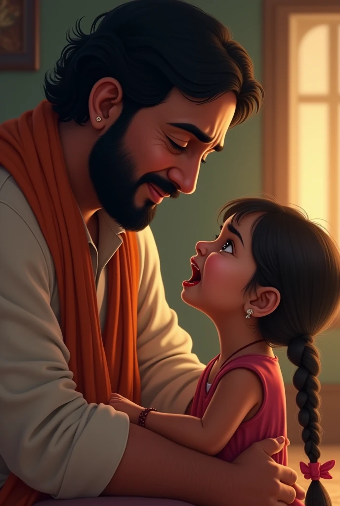 an indian father looked at her 5 year old female child who is crying